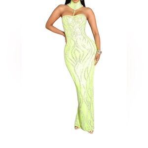 Fashion Nova Neon Lime Sequin Strapless Bodycon Gown